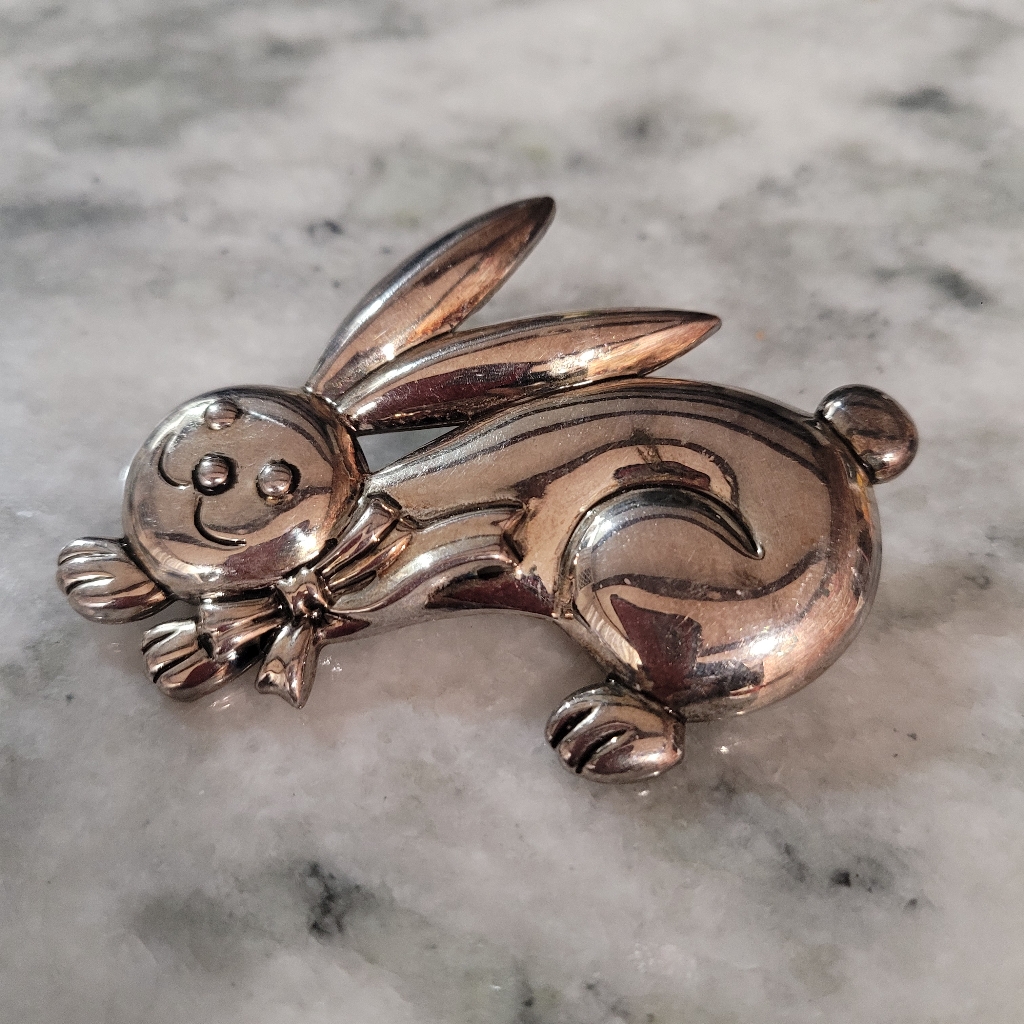Vtg Best Brand Easter Bunny Brooch PendantScarf Large 3 Silver Plated 6$